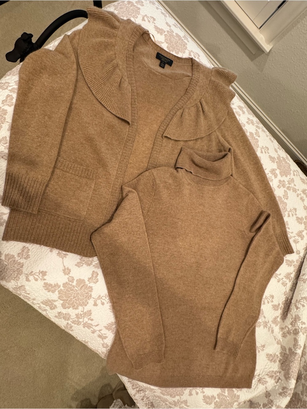 Charter Club Cashmere Camel Ruffle -Trim Cardigan & Turtleneck Set